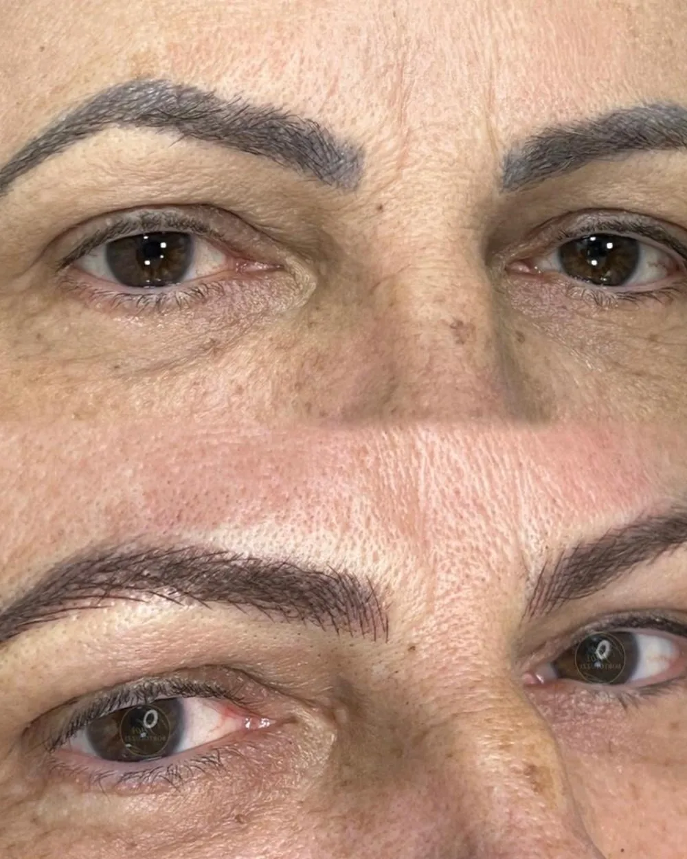 Antes e depois de correção de sobrancelha, de marcada para aparência natural fio a fio